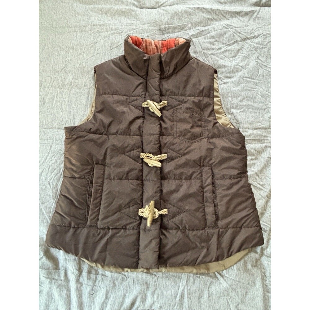 North River Outfitters Puffer Women Vest Sz M Red Plaid Brown Shell Wood Fasten